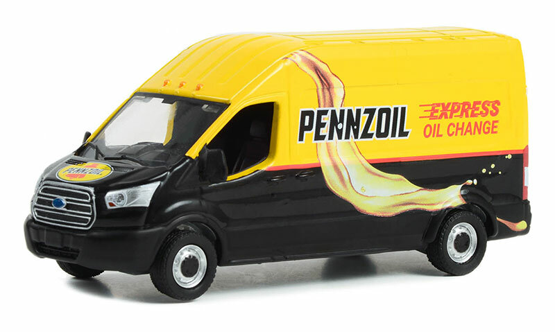 Greenlight 1:64 Ford Transit LWB 2019 High Roof Pennzoil Express Oil Change geel zwart, Route Runners Series 5