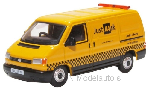 Oxford 1:76 Volkswagen T4 Kasten RHD Just AA sk geel, in vitrine