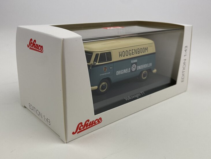 Schuco 1:43 Volkswagen T1 Hoogenboom &quot;Originele Volkswagen Onderdelen&quot; blauw wit