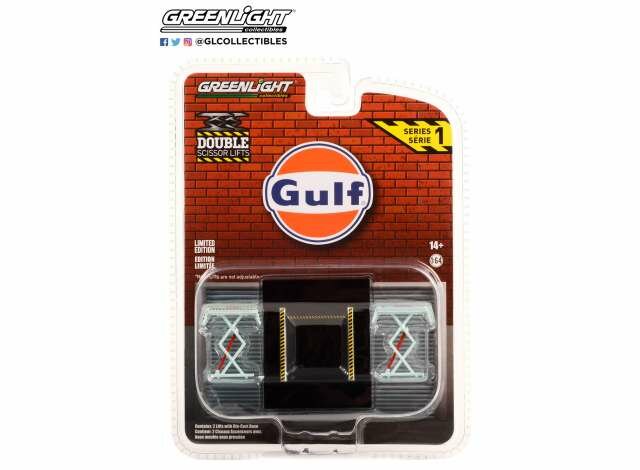 Greenlight 1:64 Gulf Oil Auto Body Shop Automotive Double Scissor Lifts Series 1 lichtblauw