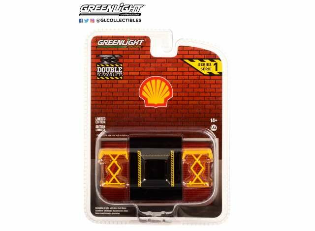 Greenlight 1:64 Shell Oil Auto Body Shop Automotive Double Scissor Lifts Series 1 geel