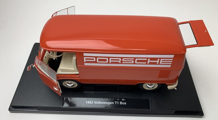 Welly 1:18 Volkswagen T1 bus &quot;Porsche&quot; rood