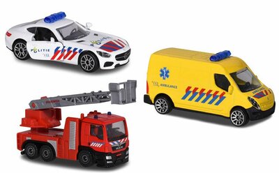 Majorette S.O.S. set Nederland, met Mercedes Benz GT AMG, Renault Master & MAN TGS, met licht en geluid,