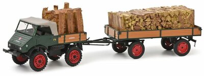 Schuco 1:43 Mercedes Benz Unimog 401 + aanhanger en hout belading