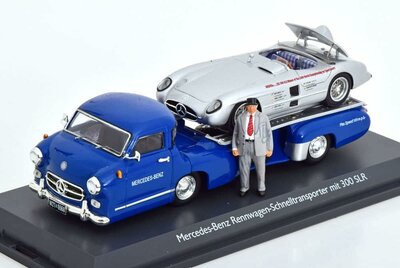 Schuco 1:43 Mercedes Benz Renn Transporter Blaue Wunder + Mercedes Benz 300 SLR & figuur