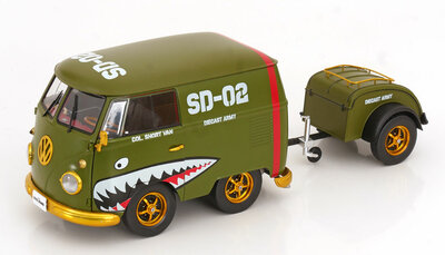 Solido 1:18 Volkswagen T1 Kool Kombi Army Fighter 2023 met aanhanger groen